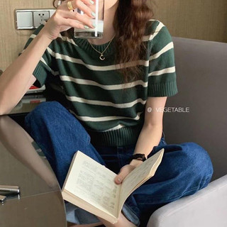 Áo thun len nữ ngắn tay cổ tròn retro chất lụa băng dáng ngắn hàn quốc áo phông len cộc tay nữ sọc ngang
