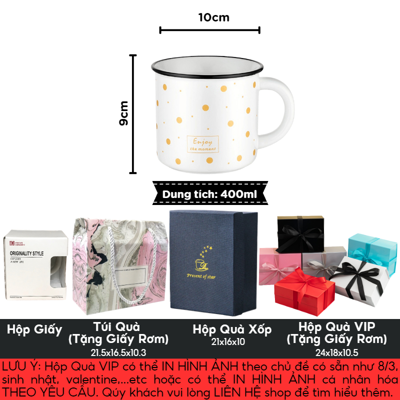 Cốc sứ CARO CHẤM BI - KHẮC TÊN THEO YÊU CẦU ý nghĩa, ly sứ KHÔNG NẮP THÌA dung tích 400ml, HÔP QUÀ TẶNG in logo, in hình