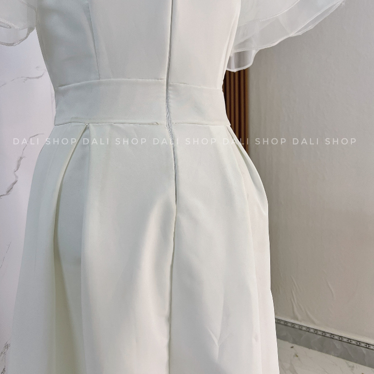 Đầm Dáng Dài Công Chúa Nơ Cổ 2 lớp Tay Bánh Bèo Màu Trắng, Váy Thiết Kế Dự Tiệc Tiểu Thư