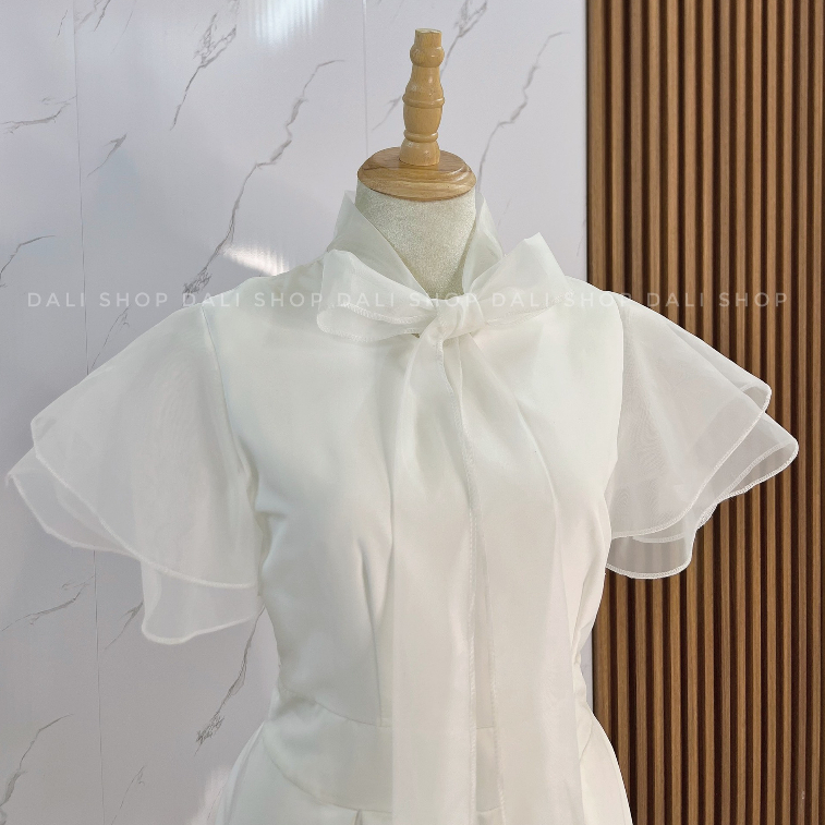 Đầm Dáng Dài Công Chúa Nơ Cổ 2 lớp Tay Bánh Bèo Màu Trắng, Váy Thiết Kế Dự Tiệc Tiểu Thư