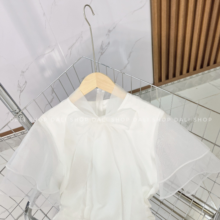 Đầm Dáng Dài Công Chúa Nơ Cổ 2 lớp Tay Bánh Bèo Màu Trắng, Váy Thiết Kế Dự Tiệc Tiểu Thư