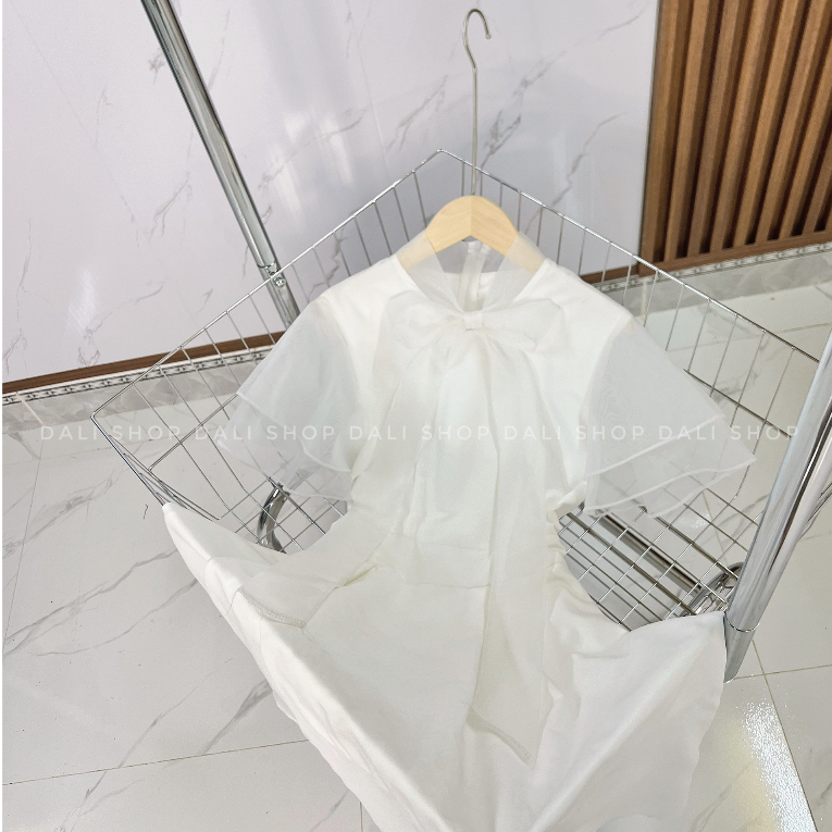 Đầm Dáng Dài Công Chúa Nơ Cổ 2 lớp Tay Bánh Bèo Màu Trắng, Váy Thiết Kế Dự Tiệc Tiểu Thư