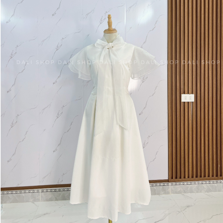 Đầm Dáng Dài Công Chúa Nơ Cổ 2 lớp Tay Bánh Bèo Màu Trắng, Váy Thiết Kế Dự Tiệc Tiểu Thư