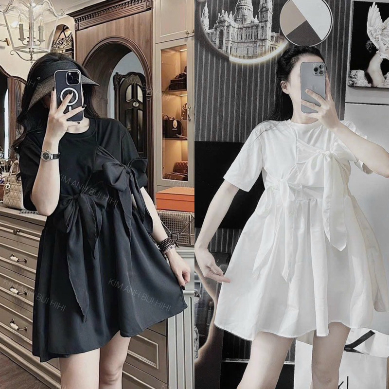 Đầm Babidoll Nơ Bự Dáng Xoè Tay Ngắn Chất Thun Tici  Phối Đũi