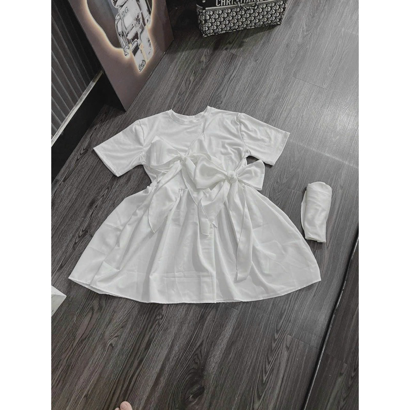 Đầm Babidoll Nơ Bự Dáng Xoè Tay Ngắn Chất Thun Tici  Phối Đũi