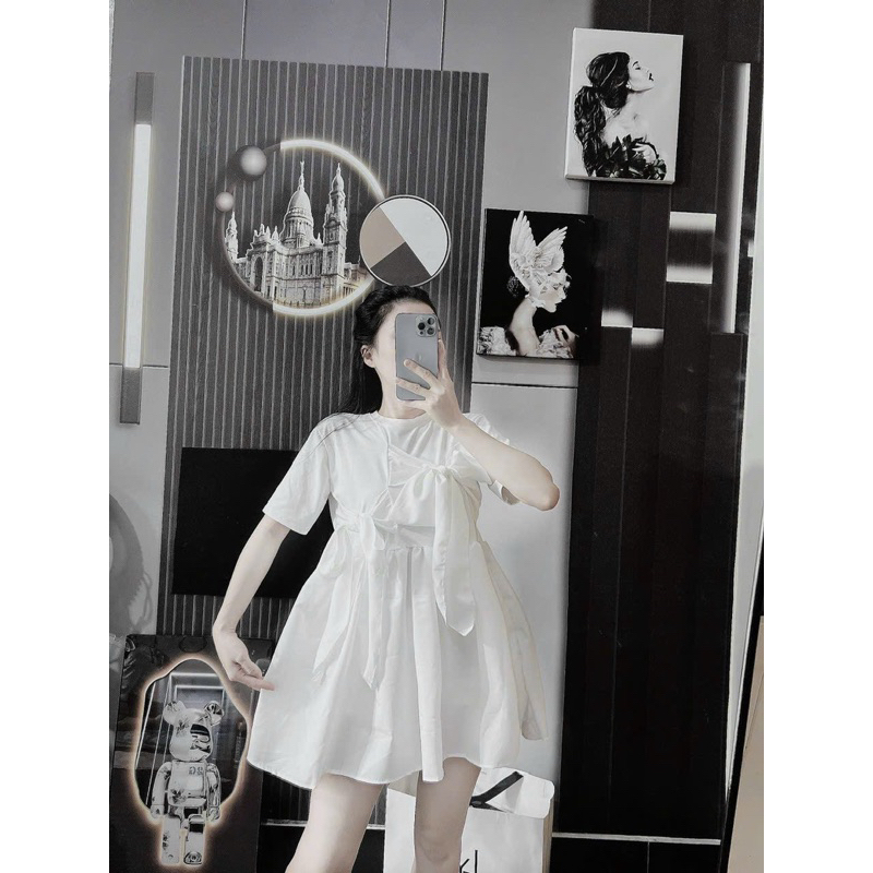 Đầm Babidoll Nơ Bự Dáng Xoè Tay Ngắn Chất Thun Tici  Phối Đũi