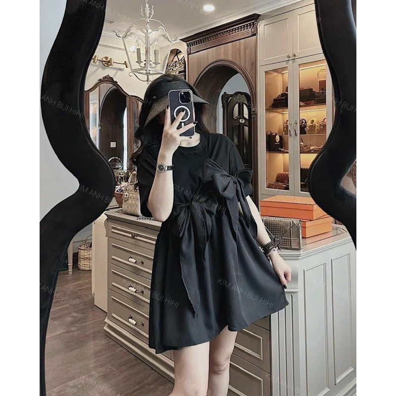 Đầm Babidoll Nơ Bự Dáng Xoè Tay Ngắn Chất Thun Tici  Phối Đũi