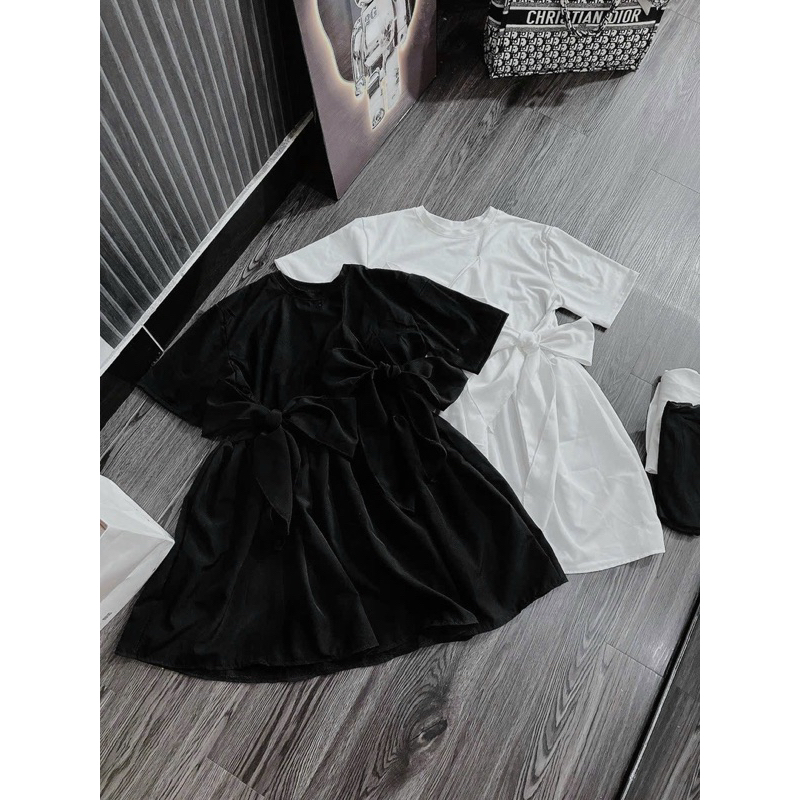 Đầm Babidoll Nơ Bự Dáng Xoè Tay Ngắn Chất Thun Tici  Phối Đũi