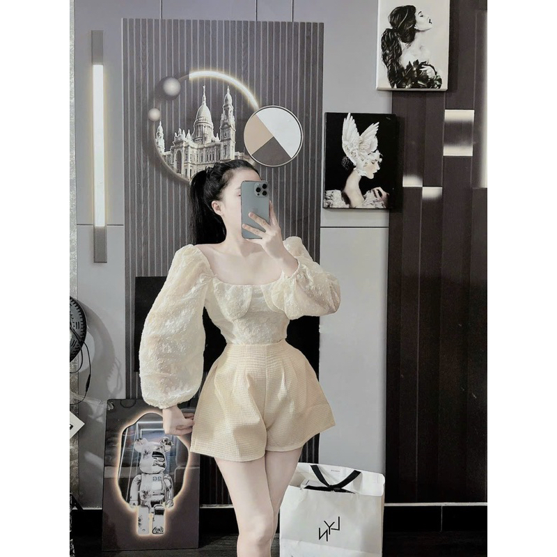 Set Bộ Áo Xốp Cúp Khuôn Ngực Tay Phồng + Quần Short Tapta