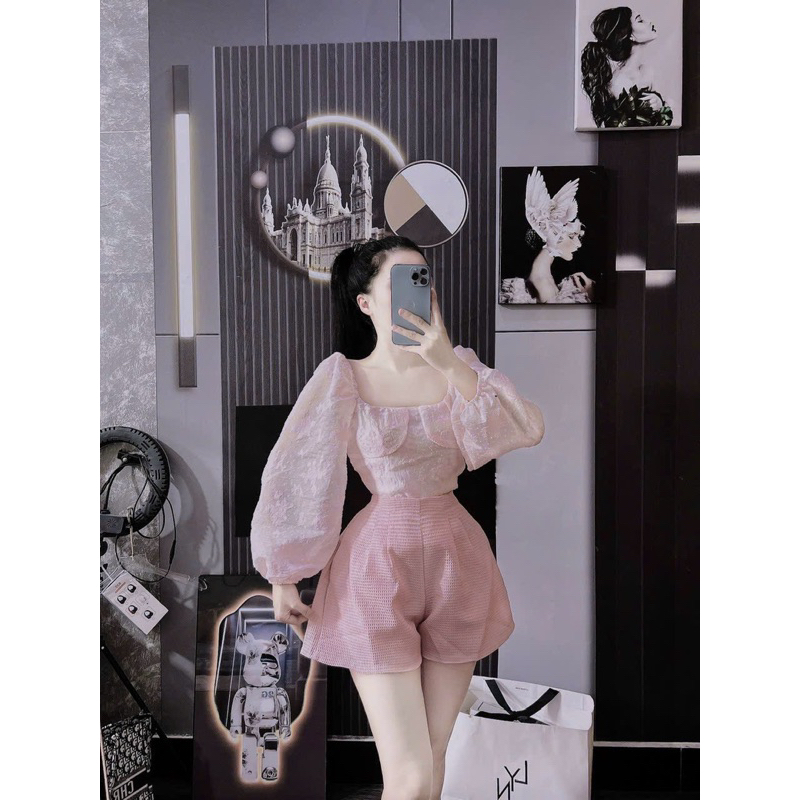 Set Bộ Áo Xốp Cúp Khuôn Ngực Tay Phồng + Quần Short Tapta