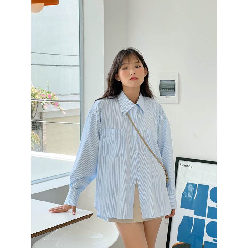 AMEGON Áo sơ mi sọc xẻ lệch tà Hanu Shirt