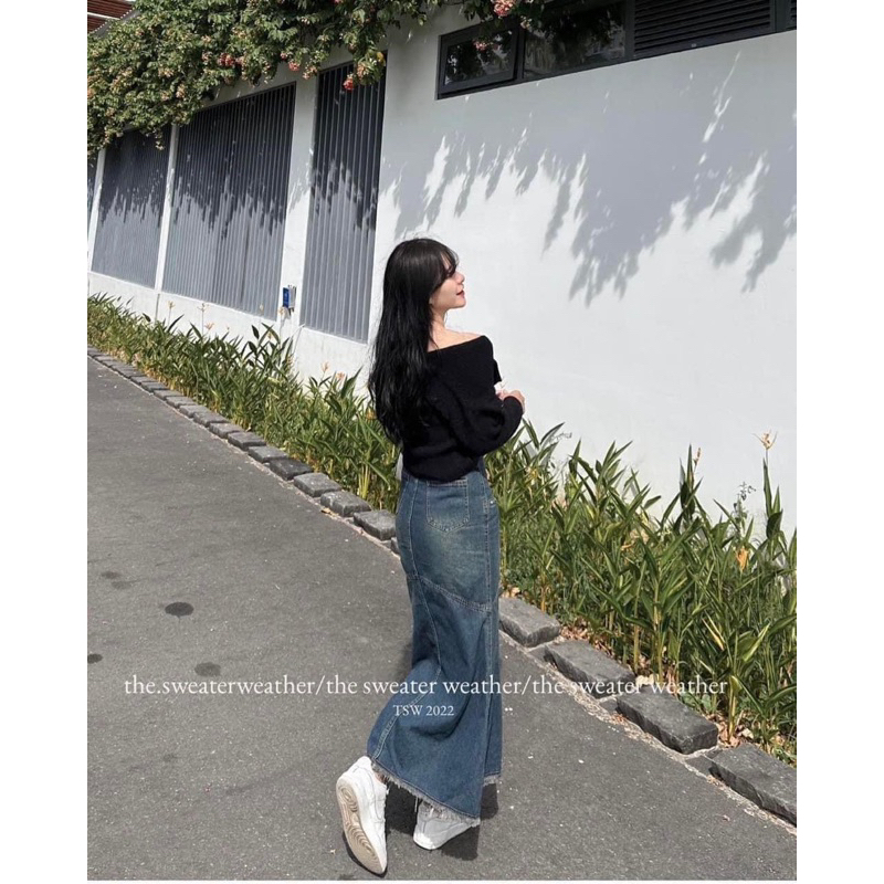 Chân váy bò dài, chân váy jean mài loang sexy