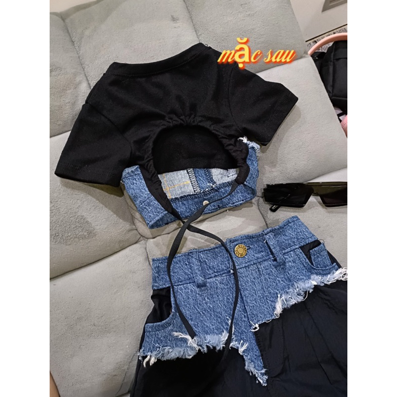 Sét quần jean phối dù và áo thun cotton cho bé 7-41kg