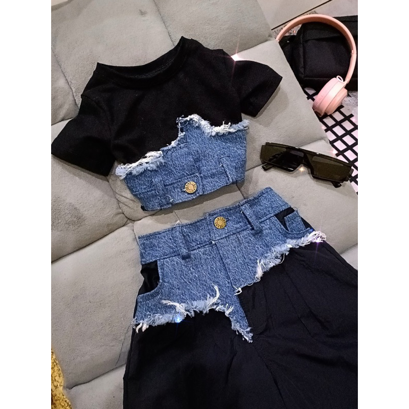 Sét quần jean phối dù và áo thun cotton cho bé 7-41kg