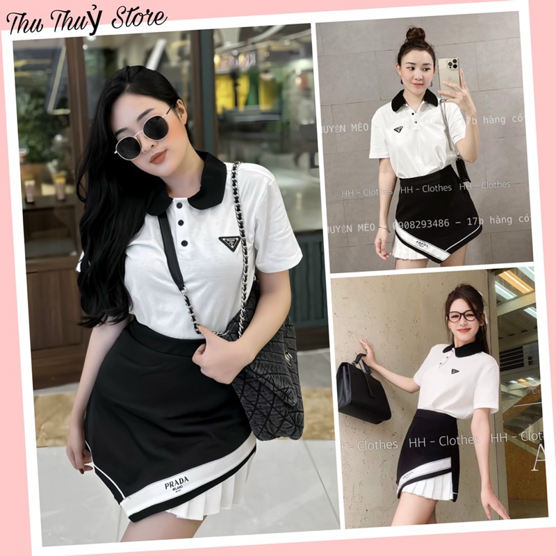 Set áo polo Prada mix chân váy phối ly siêu hot Áo cotton khô QC l1 dày đẹp, nẹp viền cẩn thận, phối cổ m