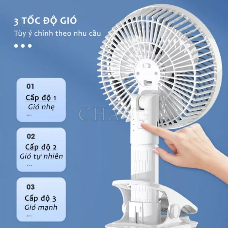 Quạt kẹp bàn tích điện siêu gọn 3 tốc độ xoay 360 độ, quạt mọi nơi, tiện cho bé ra ngoài chơi