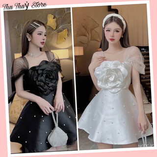 Váy tacta trắng đen tay tơ bồng dáng xoè bông hoa hồng to