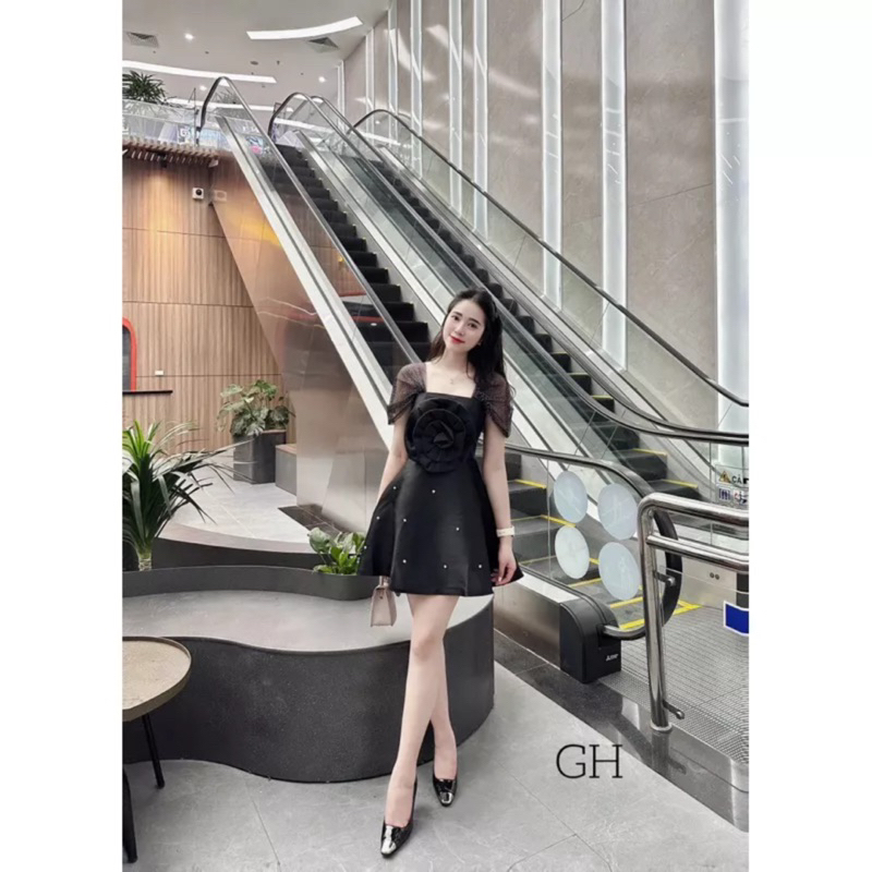 Váy Tacta Trắng Đen Tay Tơ Bồng Dáng Xoè  Bông Hoa Hồng To