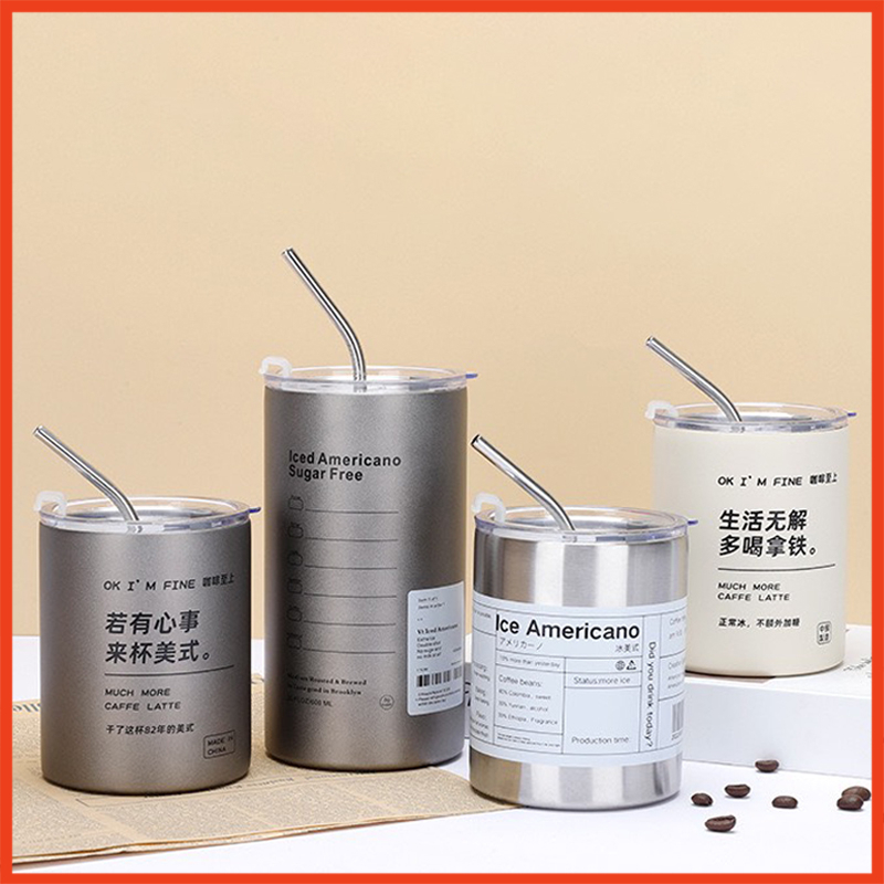 Cốc Giữ Nhiệt Làm Bằng Inox 304 Chống gỉ iced Americano Thể Tích 650ml/350ml , Ly Giữ Nhiệt Tặng Kèm Ống Hút Inox