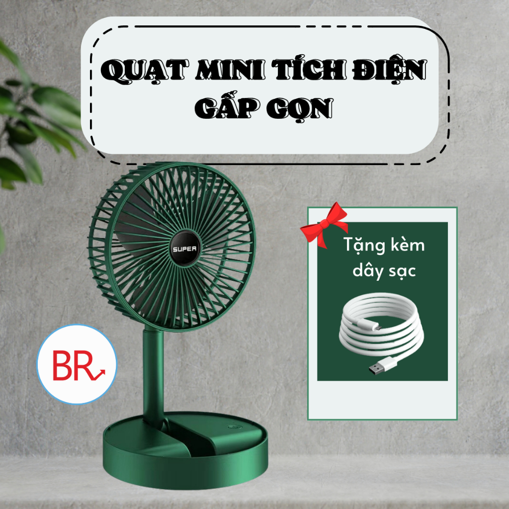Quạt tích điện mini Super gấp gọn để bàn làm mát 3 tốc độ gió - Quạt tròn gấp gọn xoay 180 độ có Cổng sạc USB - 01898