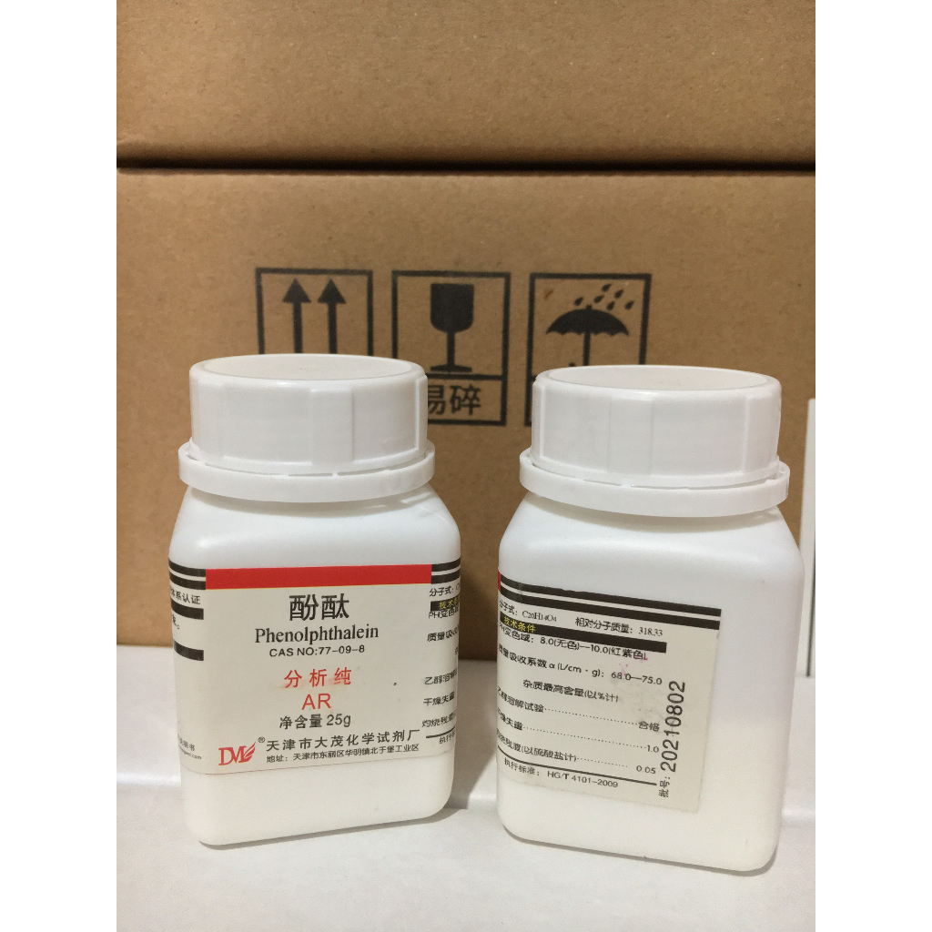 Hóa chất Phenolphthalein Indicator - CAS:77-09-8 - lọ 25g Daomao, Xilong, JHD hóa chất thí nghiệm, chỉ thị màu.