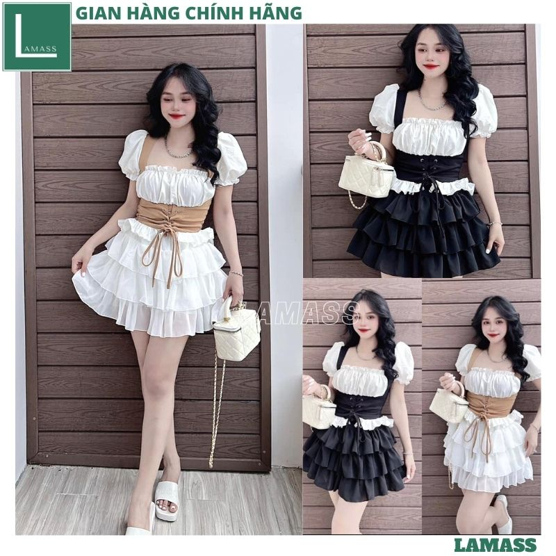 Bộ áo nhún ngực chiết eo tay bồng chân váy điệu đà, Set áo cup ngực dây rút eo phối màu chân váy tầng bồng bềnh - LAMA