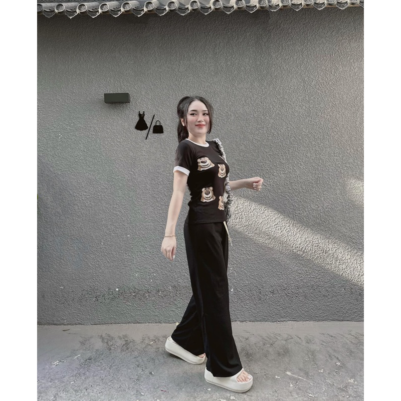 Set Áo Thun Phối Viền Gấu Lotso Quần Suông Gân - HNCloset