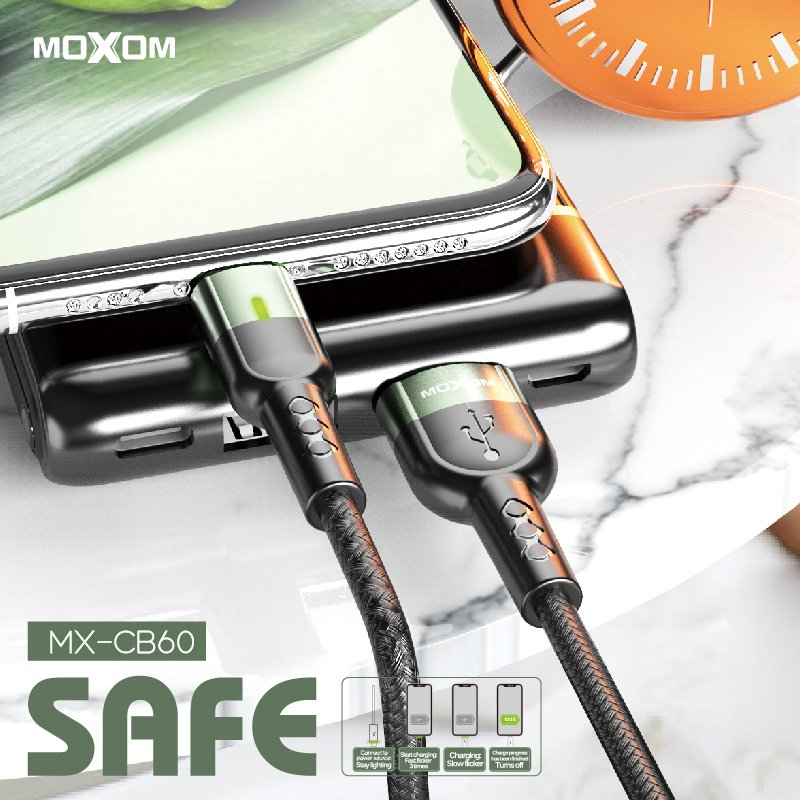 Dây sạc Type-C tự ngắt 2.4a Moxom sạc nhanh QC3.0 bọc dù siêu bền dài 1m dùng cho Samsung Oppo Xiaomi Redmi, CB60