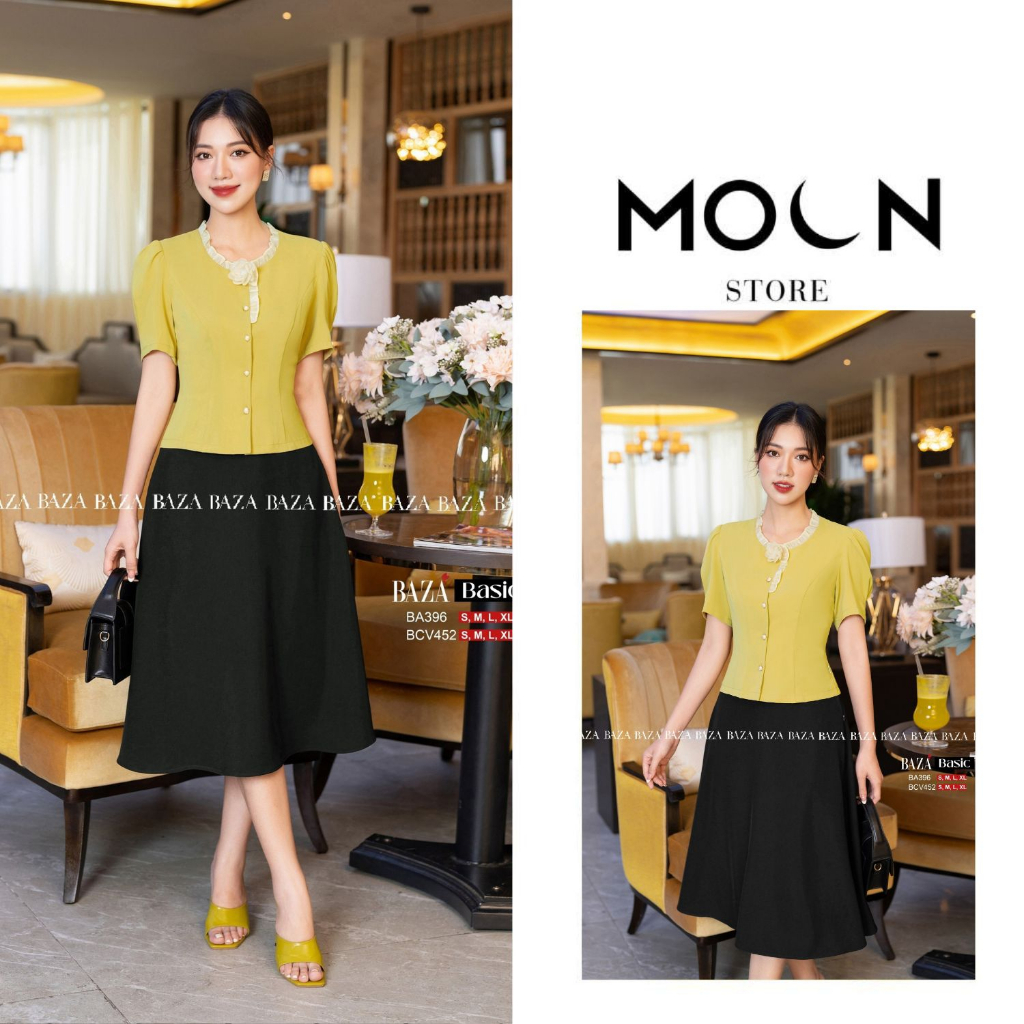 Áo sơ mi chân váy công sở bán lẻ, áo dáng ngắn chất mongtoghi chân váy chất chéo Nhật ly dài basic BA396 BCV452