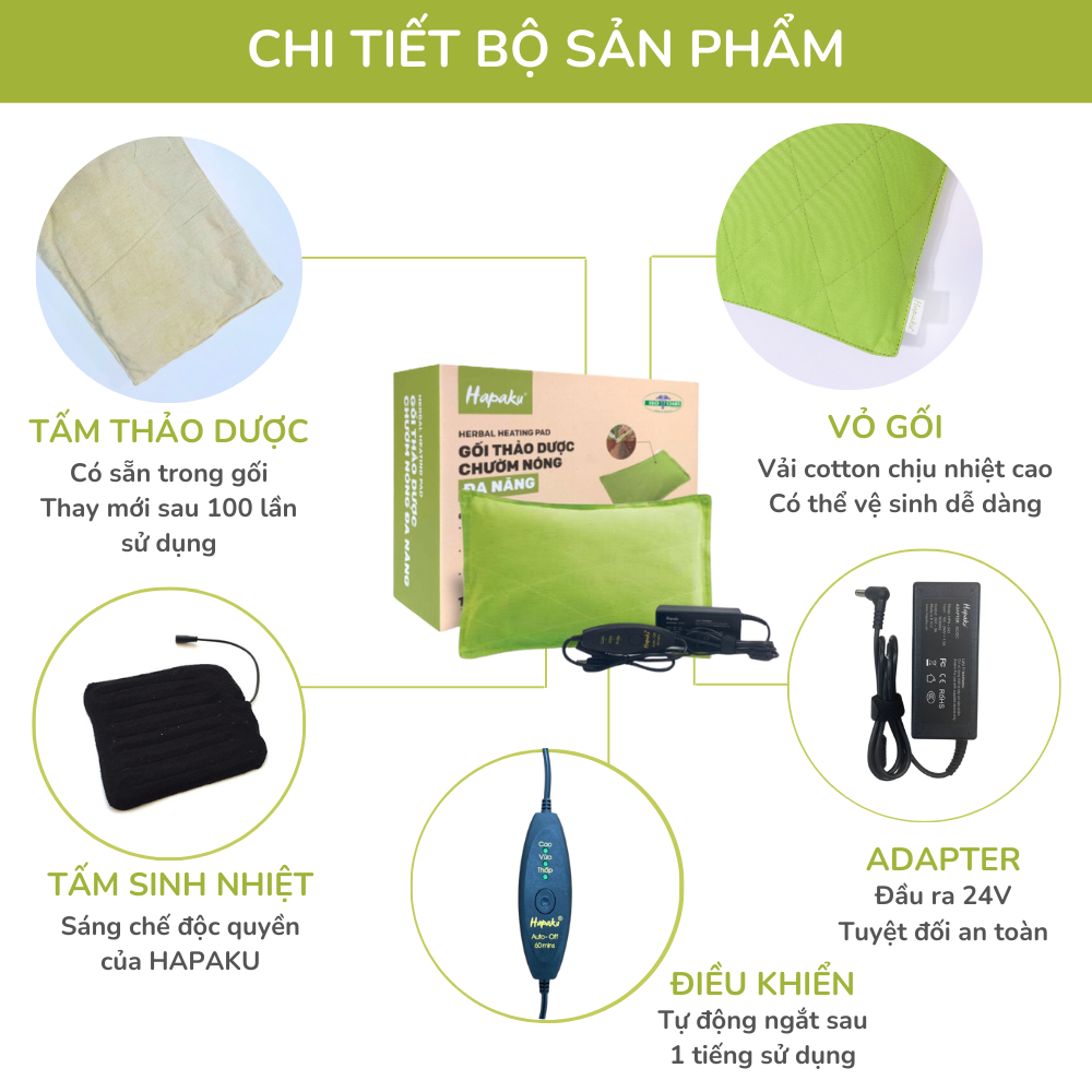 Gối Thảo Dược Chườm Nóng Bằng Điện Hapaku, Giảm Đau Cổ Gáy, Chườm Đau Bụng Kinh - Size 38 x 23 x 4.5cm