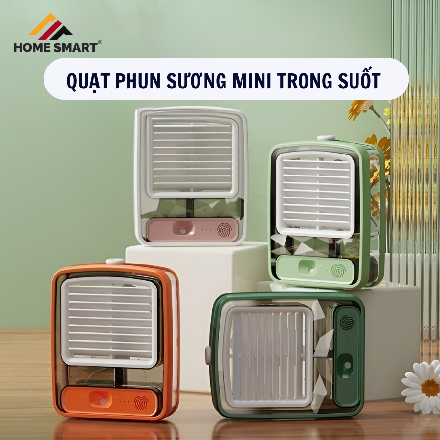 Quạt điều hoà mini để bàn, quạt phun sương sạc tích điện trong suốt 3 cấp độ gió dung tích bình 300ml, bảo hành 12 tháng