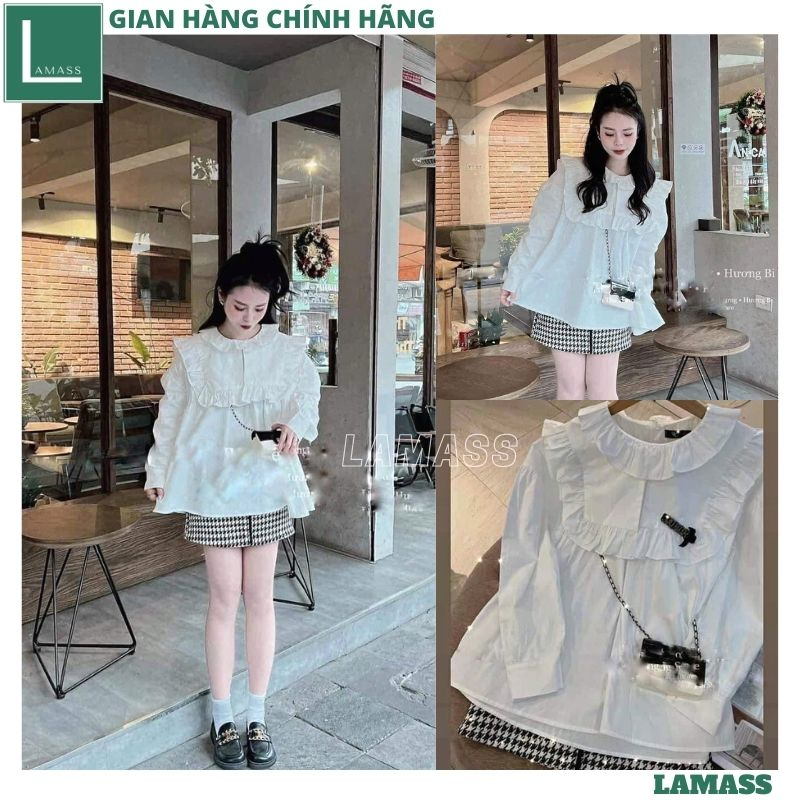 Áo babydoll cách điệu cổ bèo 2 tầng form rộng, Áo sơ mi nữ cổ bèo dài tay phối viền điệu đà kiểu dáng hàn quốc - LAMA