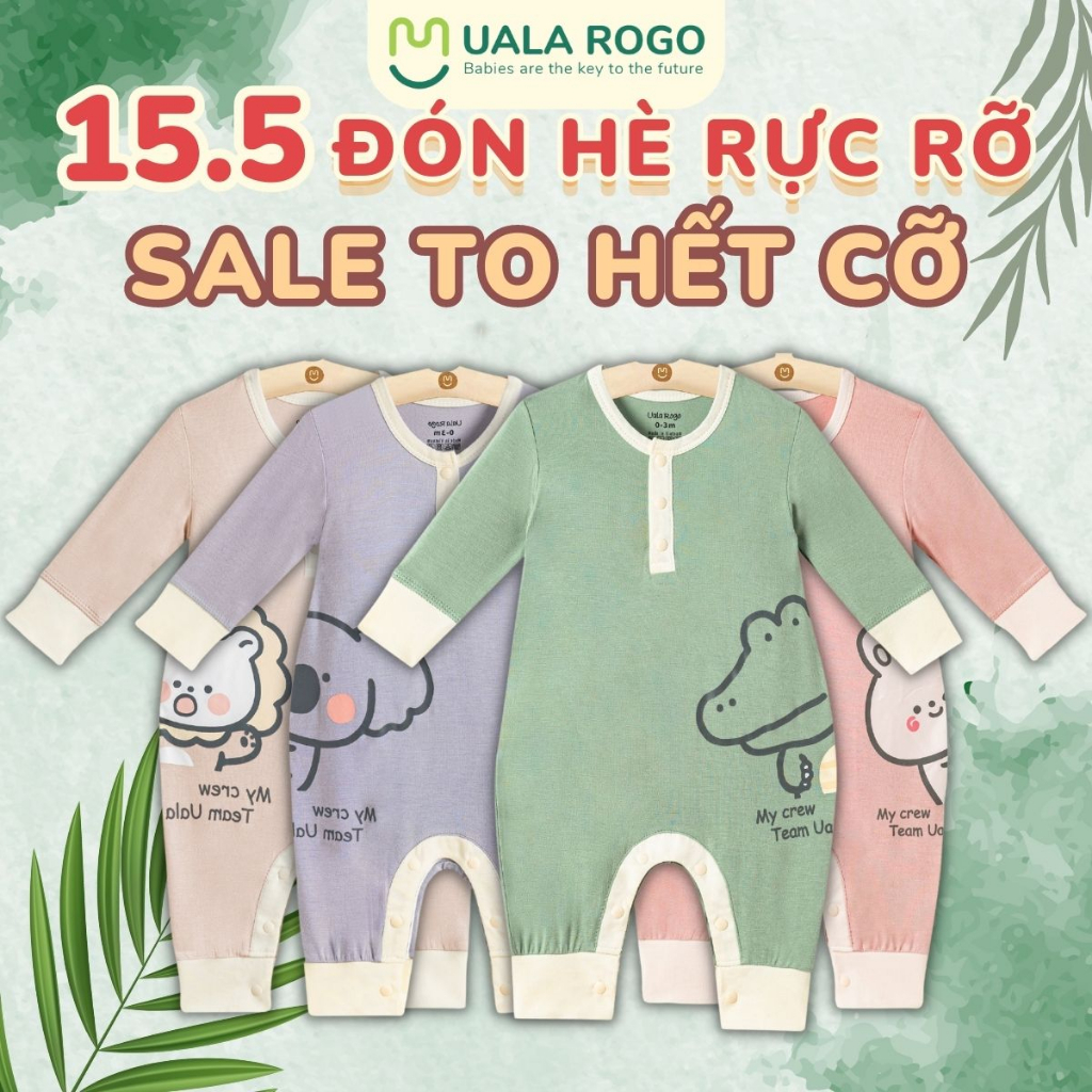 Bodysuit sơ sinh cho bé Ualarogo 0-12 tháng vải sợi tre cúc giữa dài tay mềm mại thấm hút co giãn 2084