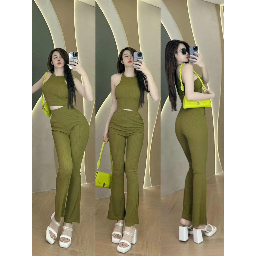 Set bộ thun gân áo croptop khoét vai mix quần ống loe tôn dáng với các tone màu sang chảnh phù hợp đi dự tiệc, đi chơi