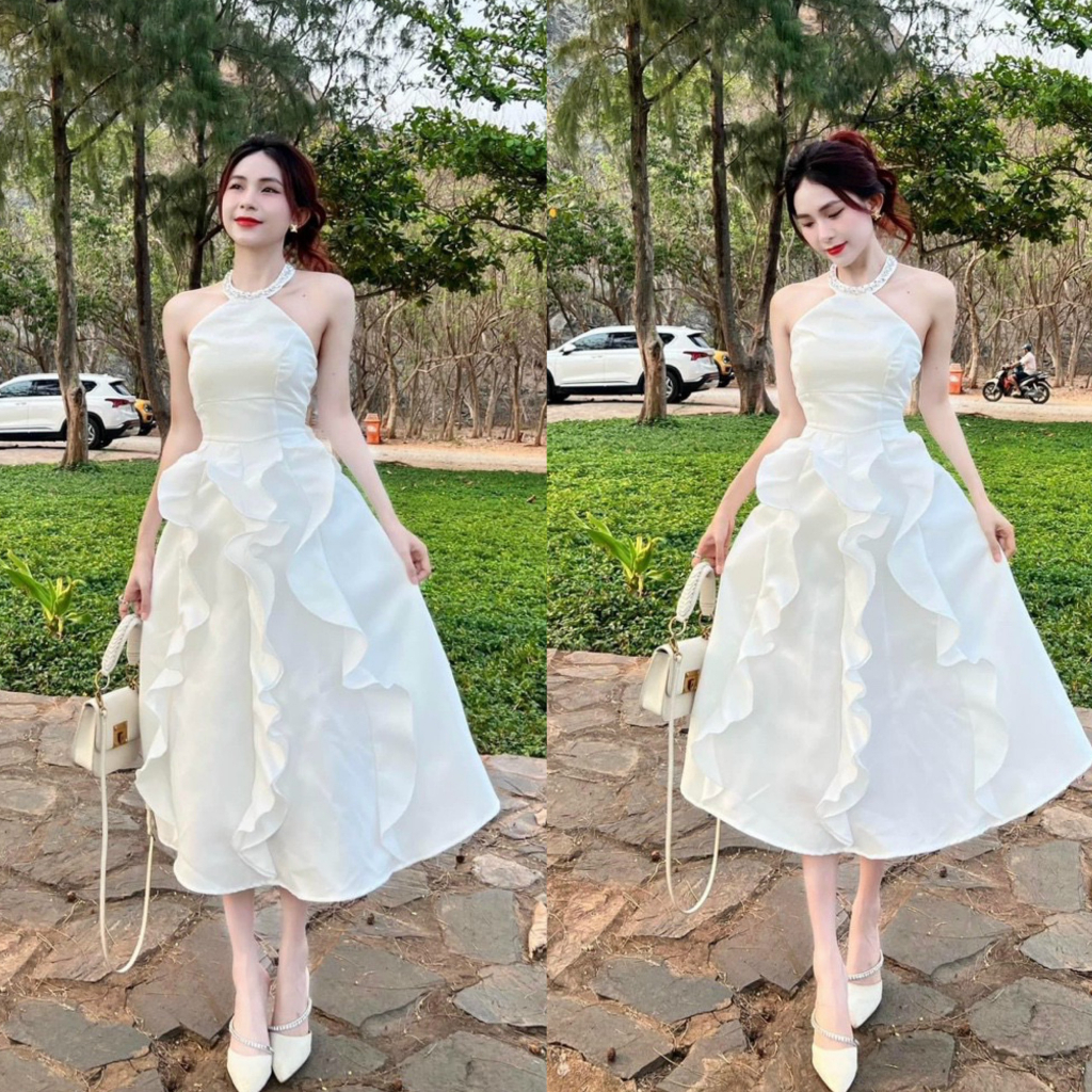 Đầm váy cổ yếm tapta đính cườm xếp bèo siêu xinh xắn với tone màu trắng tinh khôi cực kì sang chảnh thích hợp đi dự tiệc