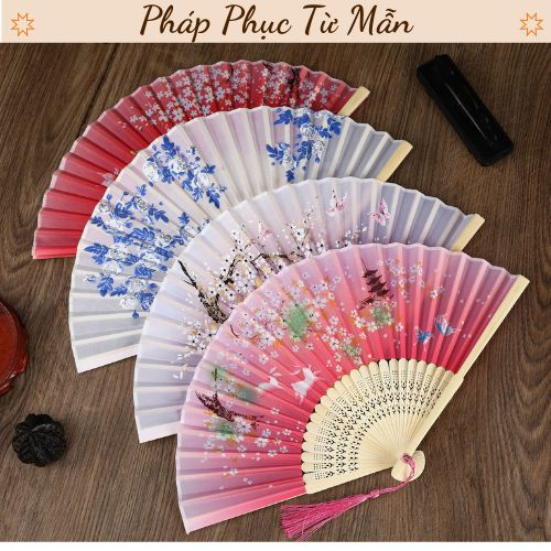 Quạt xếp cầm tay đi chùa Quạt giấy gấp gọn, Quạt hầu đồng chụp ảnh nhỏ gọn siêu xinh