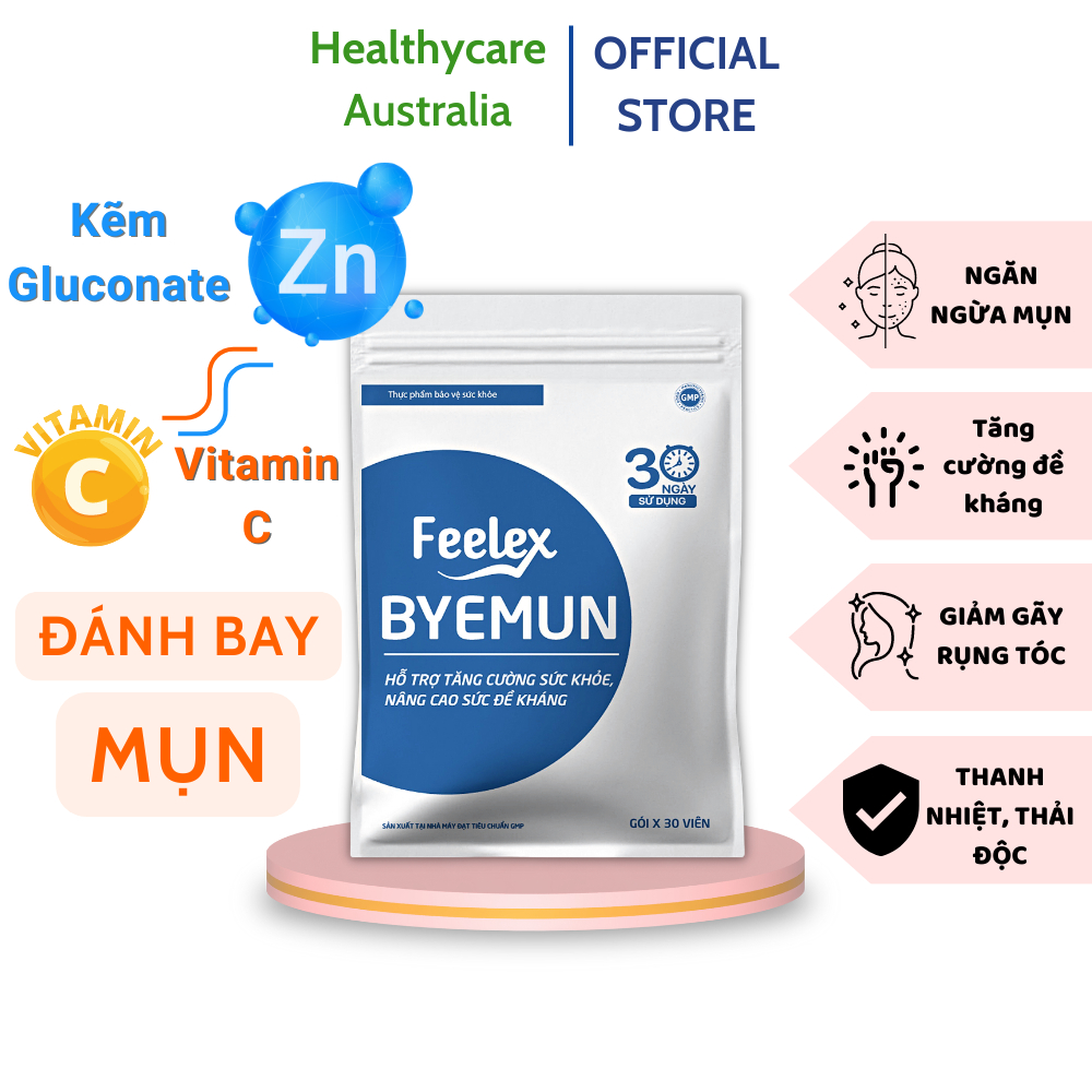 Viên uống Feelex byemun Giảm Mụn viêm, Ẩn, Thâm, Đầu Đen Cho Da Dầu Mụn Bổ sung Kẽm ZinC,vitamin C gói 30 viên (30 ngày)