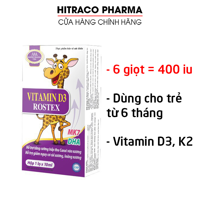 Vitamin D3 400 iu, Vitamin K2 MK7 tăng cường hấp thu canxi, chắc khỏe xương răng - 10ml (Vitamin D3 Rostex)