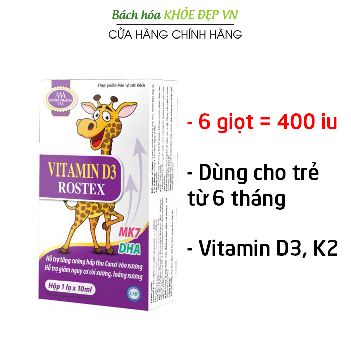 Vitamin D3 400 iu, Vitamin K2 MK7 tăng cường hấp thu canxi, chắc khỏe xương răng - 10ml (Vitamin D3 Rostex)