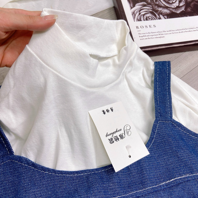 Set Yếm Jean 2 Dây Dáng Dài Kèm Áo Tay Lỡ Tiểu Thư