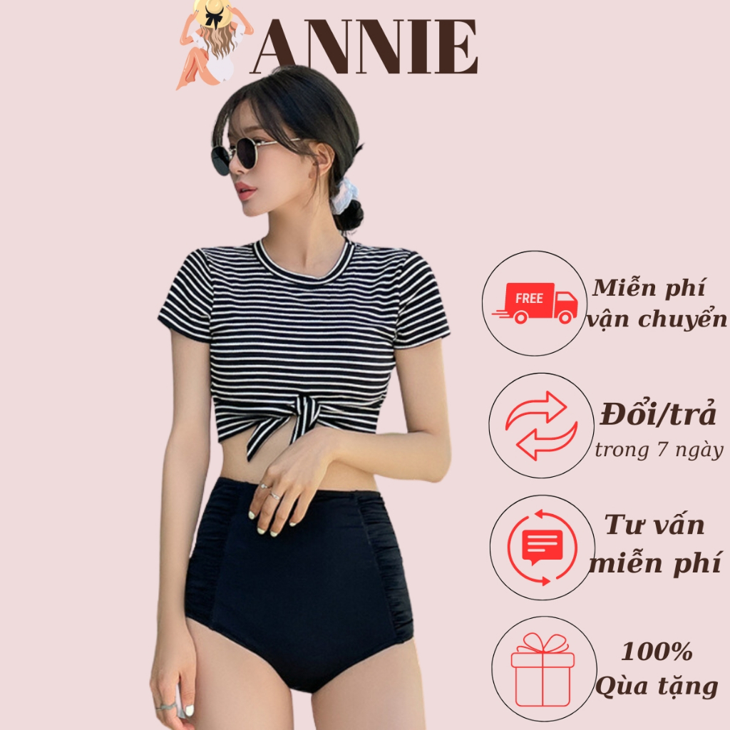 Đồ bơi nữ đi biển kín đáo, bikini 2 mảnh tay cộc áo kẻ, quần cao ANNIE_STORE, mẫu mới nhất 2023 phong cách hàn quốc