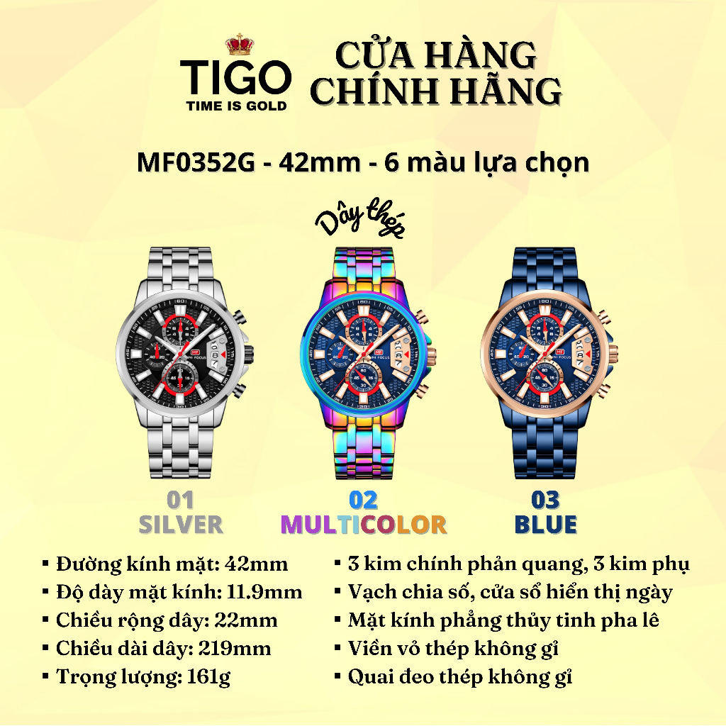 Đồng Hồ Nam MINI FOCUS MF0352G.03 Dây Thép Xanh Viền Vàng Hồng Thép Không Gỉ Cao Cấp Mặt Tròn Đường Kính 42mm Chống Nước
