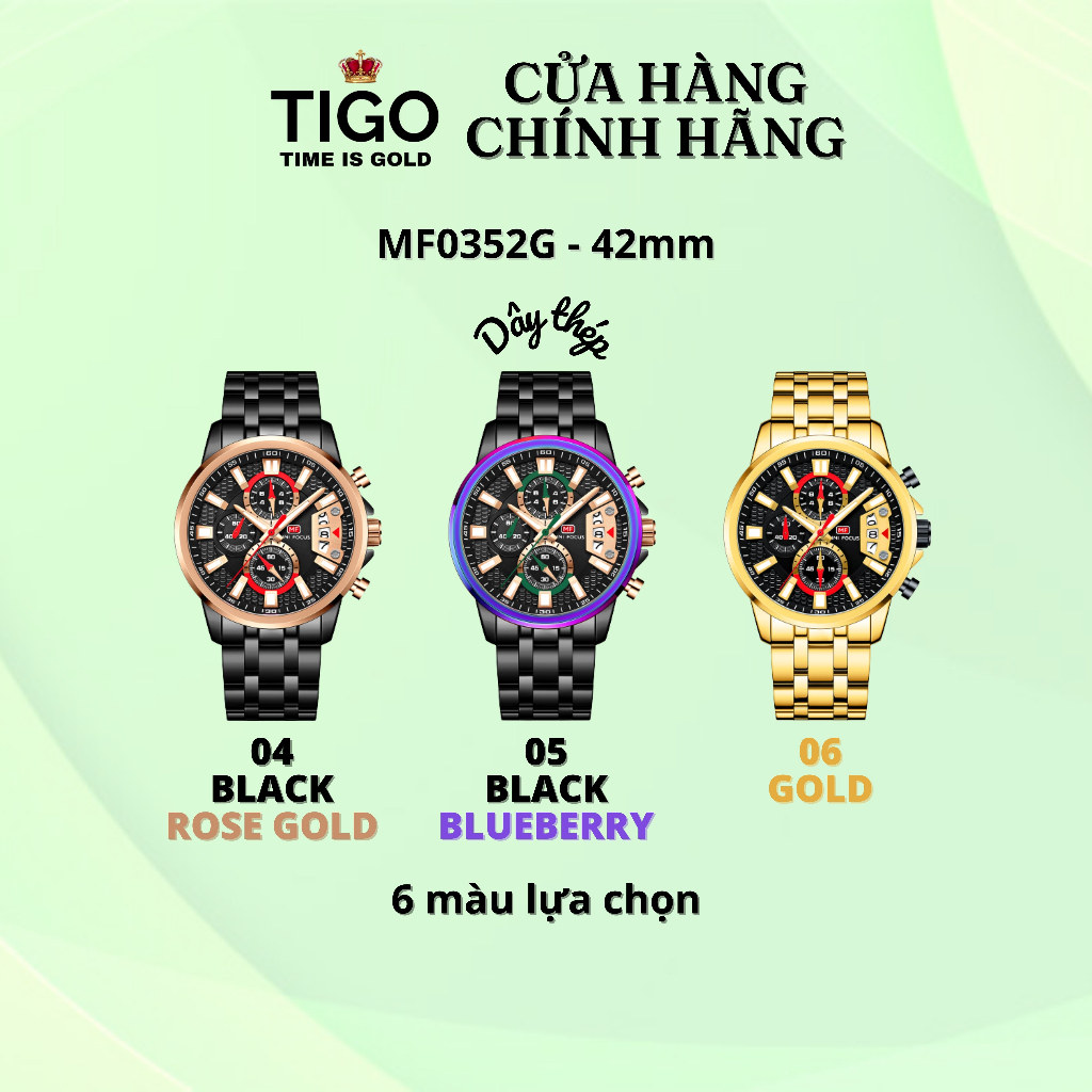 Đồng Hồ Nam MINI FOCUS MF0352G.03 Dây Thép Xanh Viền Vàng Hồng Thép Không Gỉ Cao Cấp Mặt Tròn Đường Kính 42mm Chống Nước