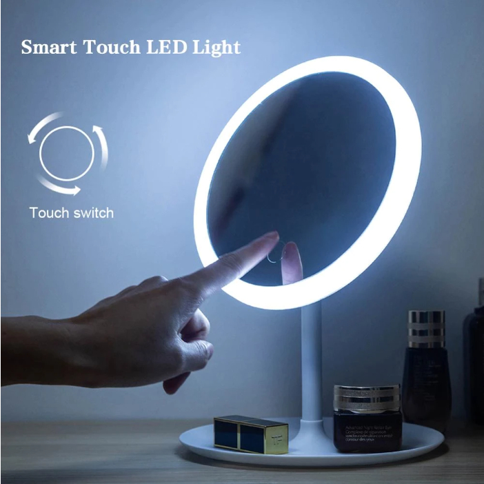 Gương Trang Điểm Gương Soi Để Bàn Có Đèn Led Cảm Ứng 3 Chế Độ Sáng Kèm Sạc Tích Điện, Độ Nét Cao, Có Để Đựng Phụ Kiện