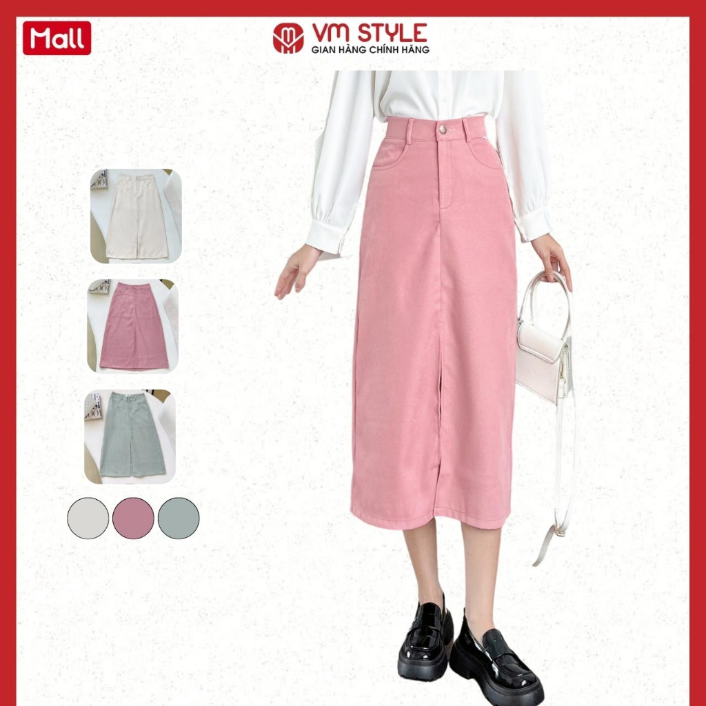 Chân váy nữ VMSTYLE dáng dài trơn xẻ giữa form A cạp cao basic 07225 - CVD00062