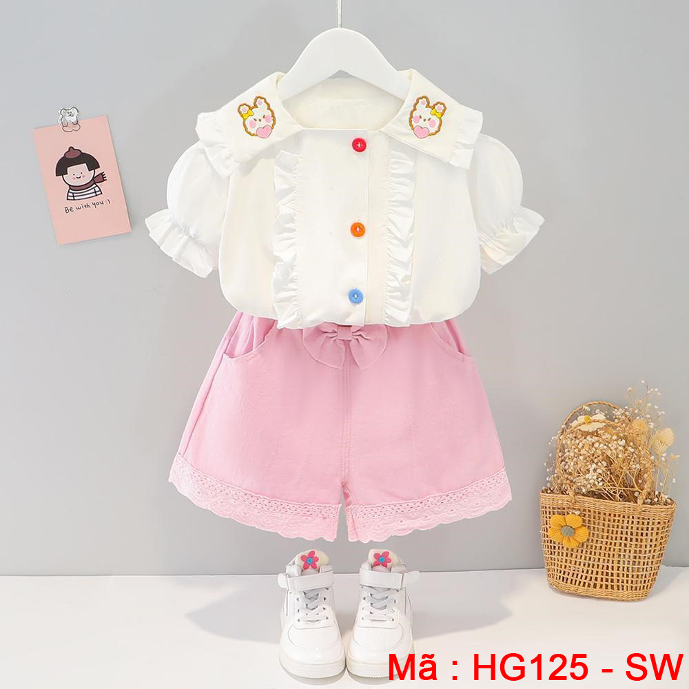 Set bộ quần áo trẻ em bé gái mặc mùa hè. Quần có nơ, áo nhún bèo hoạ tiết thỏ dễ thương. Cotton thoáng mát - HG125
