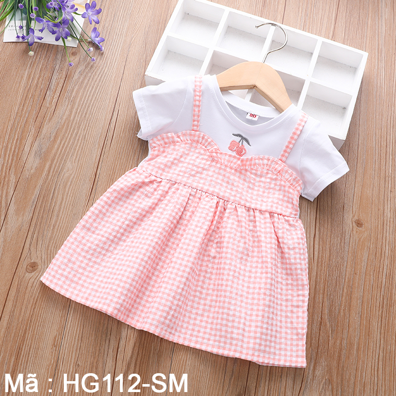 Set váy đầm và áo thun bé gái mặc mùa hè. Hoạ tiết kẻ karo và chery. Cotton thoáng mát - HG112
