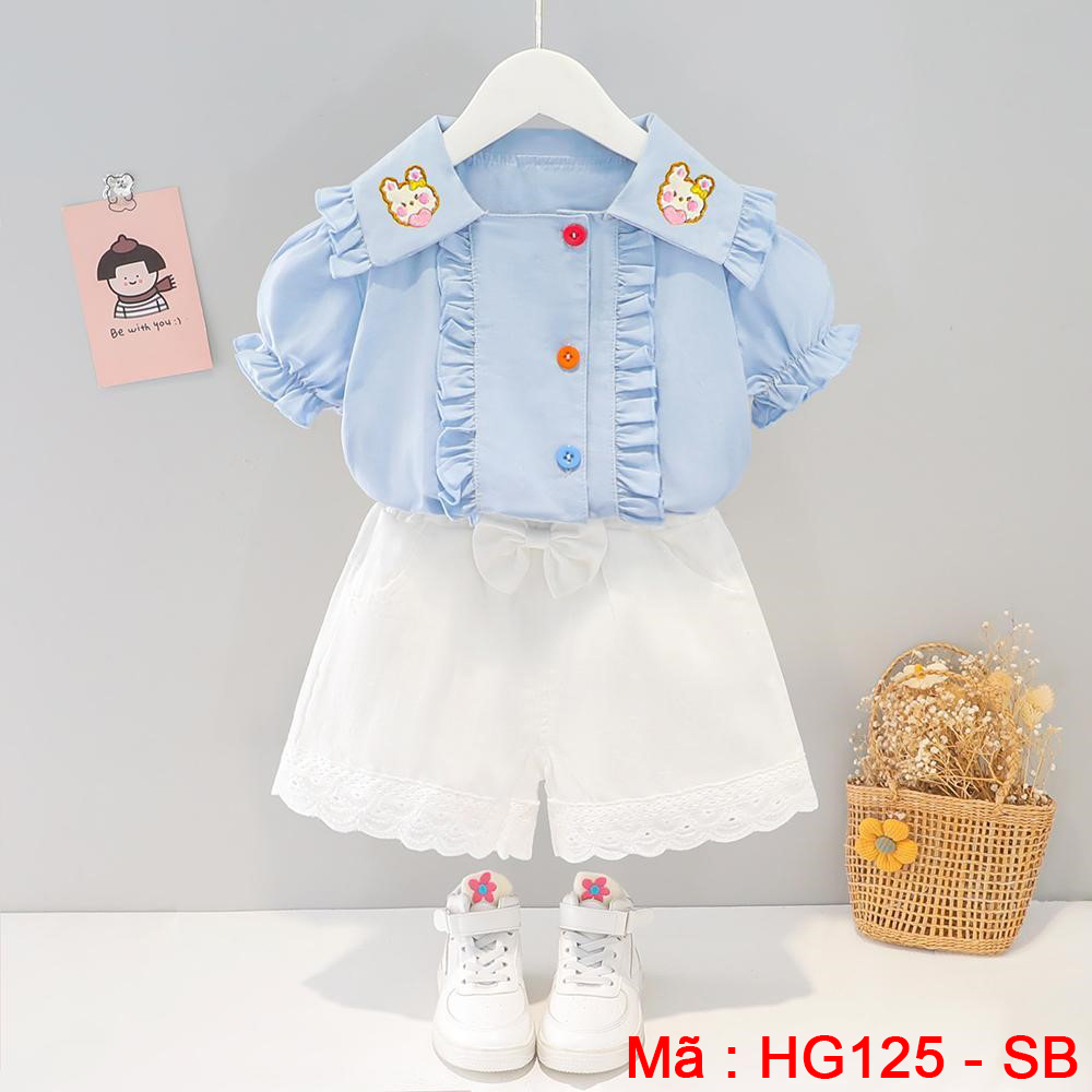 Set bộ quần áo trẻ em bé gái mặc mùa hè. Quần có nơ, áo nhún bèo hoạ tiết thỏ dễ thương. Cotton thoáng mát - HG125