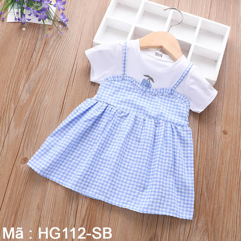 Set váy đầm và áo thun bé gái mặc mùa hè. Hoạ tiết kẻ karo và chery. Cotton thoáng mát - HG112