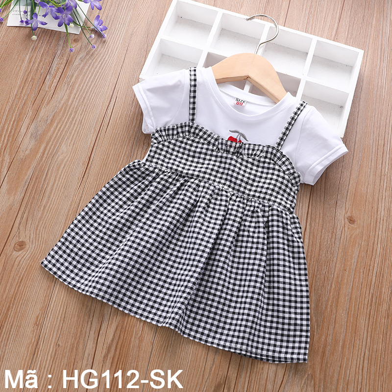 Set váy đầm và áo thun bé gái mặc mùa hè. Hoạ tiết kẻ karo và chery. Cotton thoáng mát - HG112